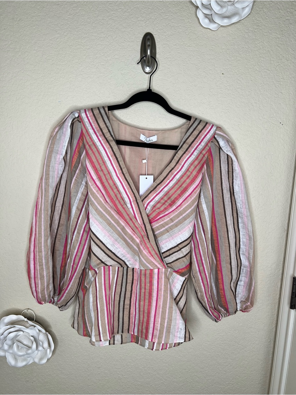 NTM: Parker NWT Striped Faux Wrap Blouse Large Linen Blend Amalfi Coast Resort